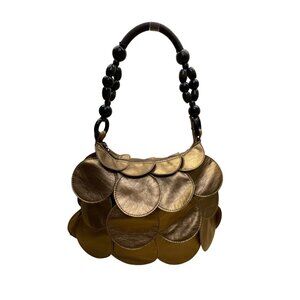 Gold Women’s Faux Leather Scaled Circle Design Black Beaded Handle Shoulder Bag